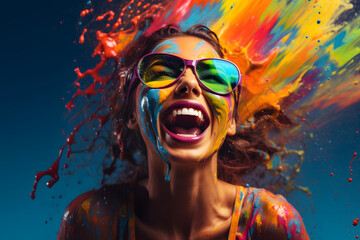 Fröhlich lachende Frau mit Farbe bestpritzt - obrazy, fototapety, plakaty