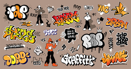  graffiti rap music street style multicolored isolated vector design element set - obrazy, fototapety, plakaty