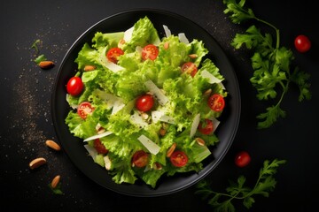 Healthy salad with cherry tomatoes in a black Bowl Generative Ai