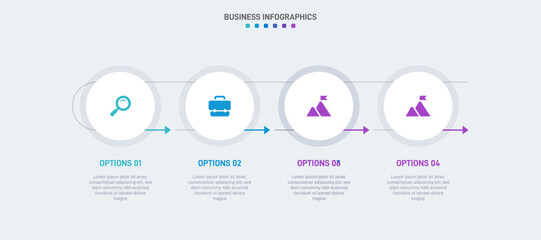 Timeline infographic with infochart. Modern presentation template with 4 spets for business process. Website template on white background for concept modern design. Horizontal layout.
