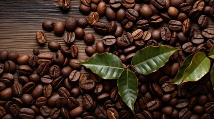 A close up of coffee beans and leaves. Generative AI.