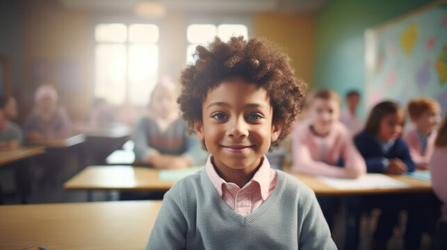A young boy is smiling in a classroom. Generative AI.