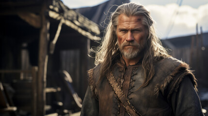 Viking in a traditional warrior clothes.