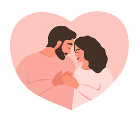 A couple in love hugs in profile. A man and a woman look at each other in their hearts and hold hands. Vector graphics.