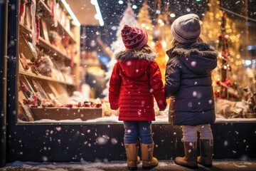 two children looking at some christmas decorations in the window of a shop in winter snow