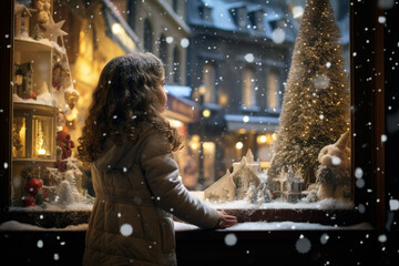 Fototapeta na wymiar little girl looking at some christmas decorations in the window of a shop in winter snow