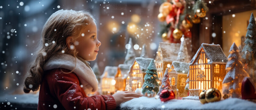 little girl looking at some christmas decorations in the window of a shop in winter snow