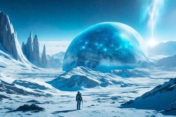 A new world with an icy landscape, fantastic creatures and a spacecraft in the sky, space, starts, science fiction - AI Generative