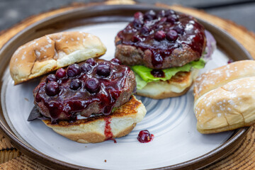 Huckleberry burgers served outdoors