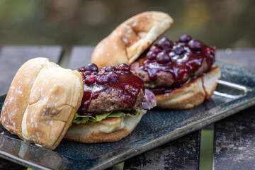 Huckleberry burgers served outdoors