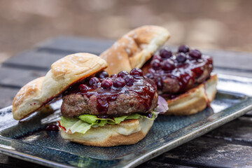Huckleberry burgers served outdoors