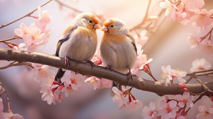 A touching image of two love birds sitting together on a cherry blossom branch.