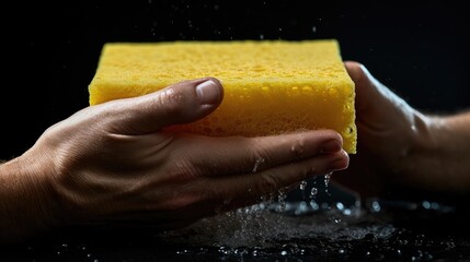 A close-up shot of a hand holding a vibrant yellow cleaning sponge, soaked with soapy water.