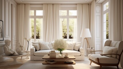 A cozy living room with elegant white curtains. - obrazy, fototapety, plakaty