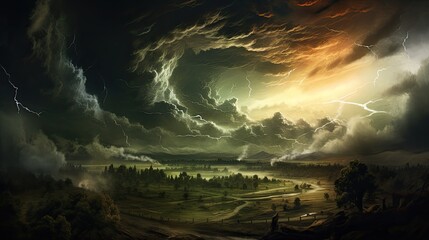 Illustration of a powerful tornado sweeping across an open area.