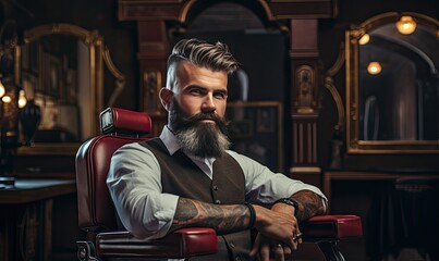 Fototapeta na wymiar Image of a man with a well-groomed beard sitting confidently in a vintage barber chair.