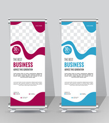 Business Roll Up Banner stand. Presentation concept. Abstract modern roll up background. Vertical roll up template billboard, banner stand or flag design layout. Business Roll Up Banner Design.