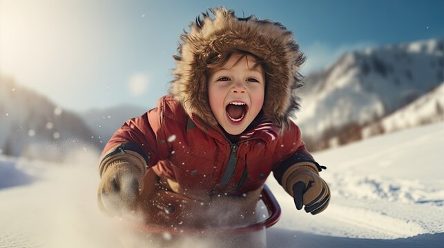 Image of a child riding a snow sled down a snow-covered hill.