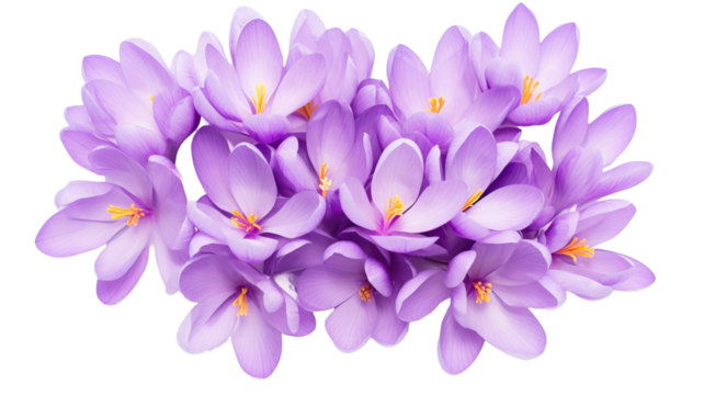 Purple crocus flowers isolated on a white background. Flat lay, top view 