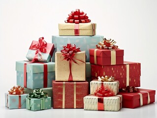 Obraz premium Thrill of Unwrapping Christmas Presents: Vibrantly Wrapped Boxes Against a Stark White Background - Perfect for Holiday and Gift Themes