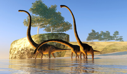 Omeisaurus Dinosaur Beach - Omeisaurus was a herbivorous sauropod dinosaur that lived in China during the Jurassic Period. © Catmando
