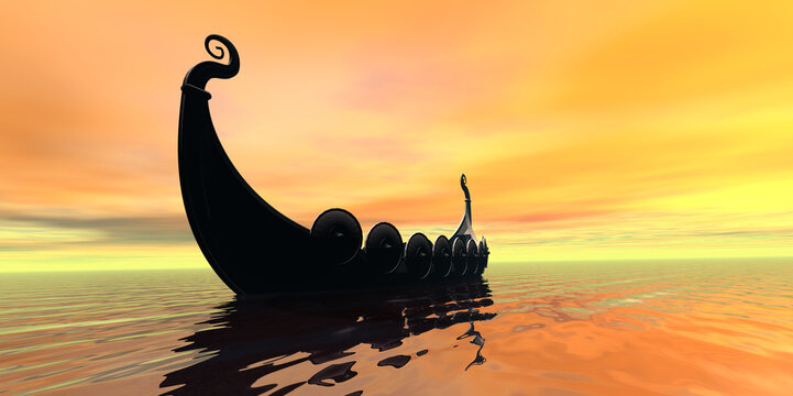 Viking Sunset - A Viking longboat rows to new shores for trading and adventure.