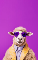 Fototapeta premium Cool looking sheep wearing funky fashion jacket shirt and glasses. Copy space above. Stylish animal posing as supermodel. Generative AI