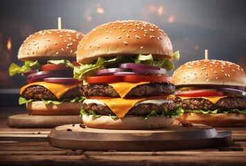 Grill burger, realistic 3d burgers falling in the air, grilled meat collection