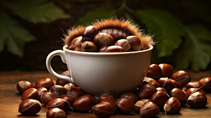 Still life with chestnuts in a porcelain cup. AI generated