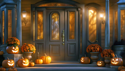 Obraz premium Halloween pumpkins near the entrance to the house for the holiday