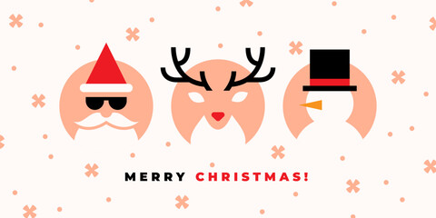 Christmas card with Santa, deer and snowman icons on white background.