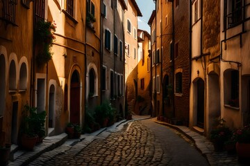 A worn-out, cobblestone alleyway in an ancient European town - AI Generative