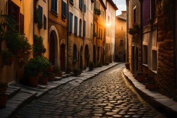 Fototapeta na wymiar A worn-out, cobblestone alleyway in an ancient European town - AI Generative