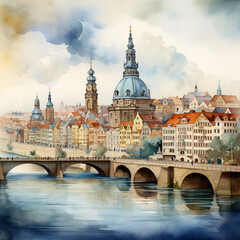 Aquarellmalerei von Dresdens Skyline