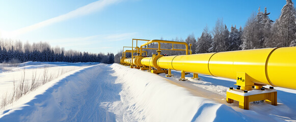 Yellow gas pipeline in snow winter landscape, pressurized hydrogen transport as imagined by Generative AI - obrazy, fototapety, plakaty