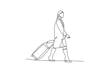 Single one line drawing of happy walking to boarding room. Ground Crew Signaling To Airplane at the airport. Airport activity concept. Continuous line draw design graphic vector.