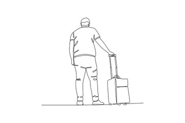 Single one line drawing back view of waiting for boarding. Ground Crew Signaling To Airplane at the airport. Airport activity concept. Continuous line draw design graphic vector.