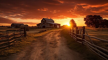A farm scene with the sun setting behind the barn
