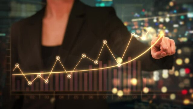 
Young Female Financial Broker in Suit Using Virtual Reality or Working In AR at Workplace. Woman Drawing Ascending Chart. Quarter Profits, Record Earnings, Corporate Success.