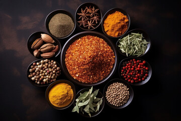 Many multi colored spices. jars and plates with powder. on the table. Background concept with spices.