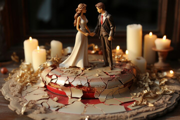 Bride and groom figurines collapsed at ruined wedding cake. divorce, quarrels, relationships deteriorated. love is over