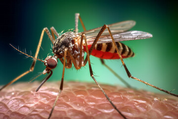 Close-up of a female mosquito landing on human skin and biting,
Mosquito-borne infections include viral diseases such as encephalitis, dengue fever, chikungunya fever, Zika virus, and malaria.