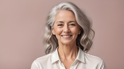 Fototapeta premium Portrait of beautiful elderly elegant woman smiling with grey hair isolated on clean background, banner with copy space text, template 