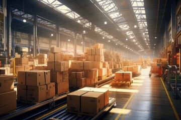 Cardboard boxes and pallet trucks in the shipping center of a large logistics company Online returns center Generative Ai - obrazy, fototapety, plakaty