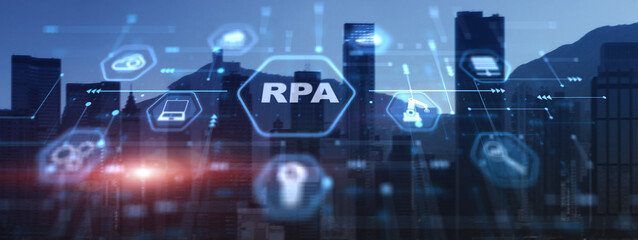Obraz premium RPA Robotic Process Automation system. Artificial intelligence concept on city background
