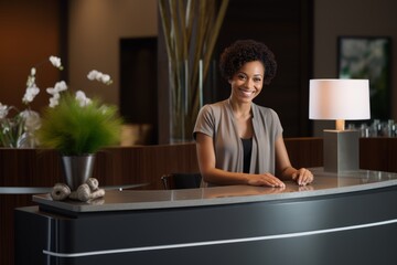 Laughing African American businesswoman at the front desk of an office