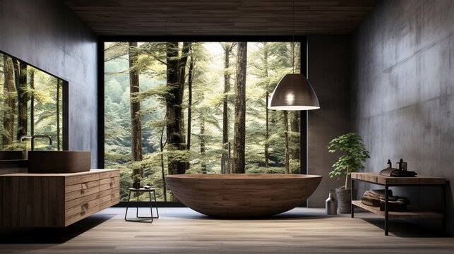 Modernes Wellness-Bad: Holzelemente und freistehende Badewanne f&uuml;r Erholung im Urlaub