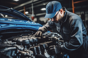 Shot of auto mechanic man focus working on a car in mechanics garage, repairing a car machine at car repair shop