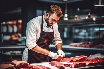 Handsome butcher working in the modern meat shop, focusing on preparing meat for buyers, fresh slices of meat for sale - obrazy, fototapety, plakaty