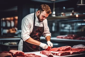 Fotobehang Handsome butcher working in the modern meat shop, focusing on preparing meat for buyers, fresh slices of meat for sale © VisualProduction